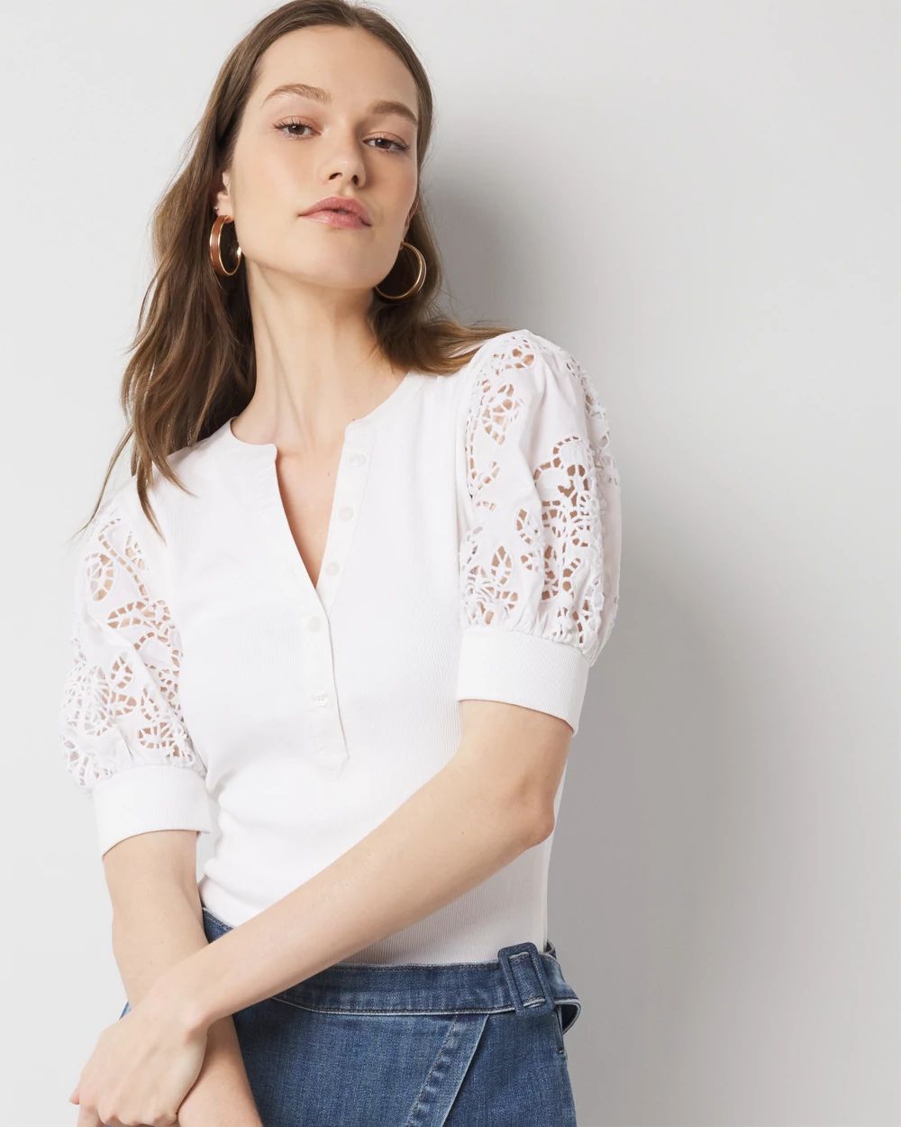 Eyelet Puff Sleeve Henley Top | White House Black Market